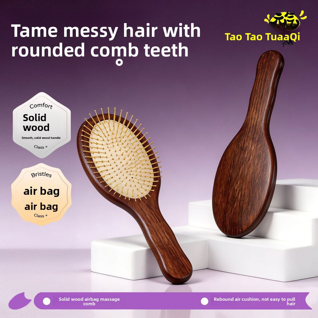 Solid Wood Handle Air Cushion Comb with Metal Needle Tips for Hair Styling and Scalp Massage