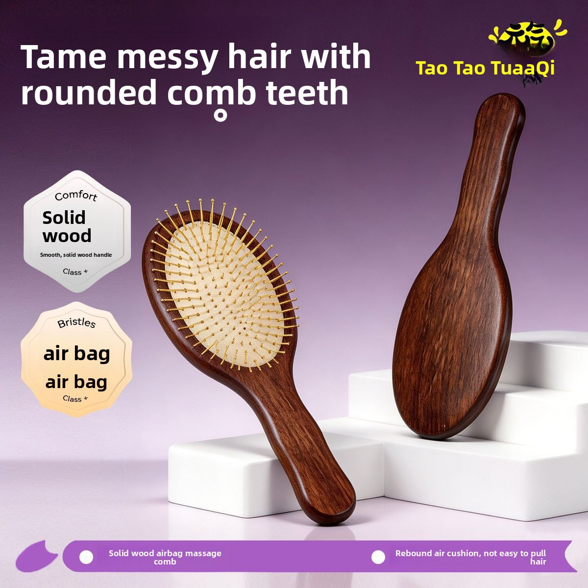 Solid Wood Handle Air Cushion Comb with Metal Needle Tips for Hair Styling and Scalp Massage